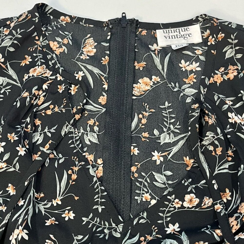 Unique Vintage Black Floral Open Front Tie Fit And Flare Dress Women Size XS/2 - Picture 4 of 14